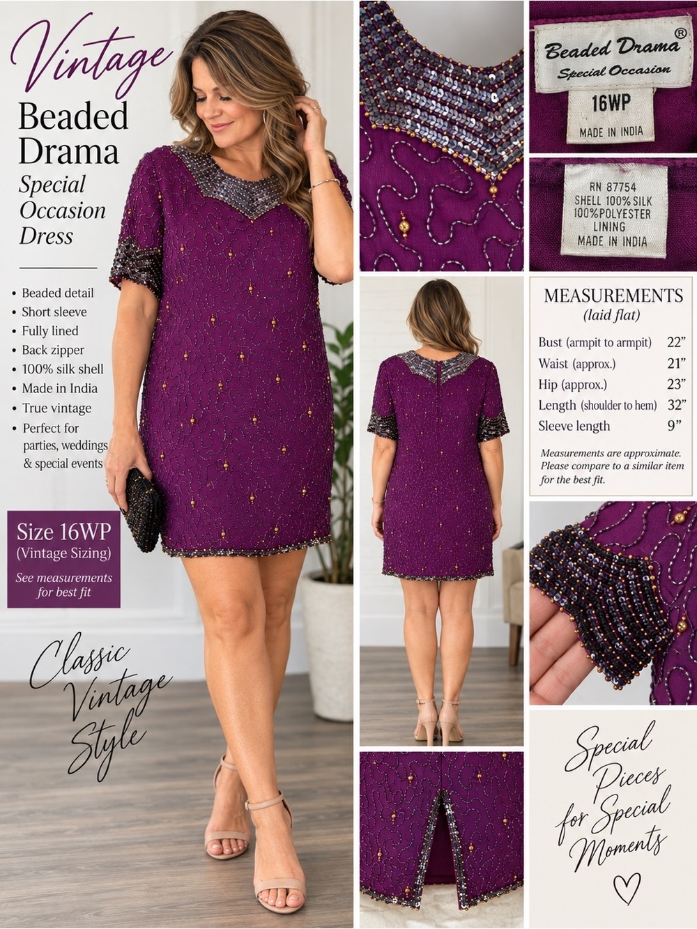 vintage Beaded Drama Special Occasion silk beaded dress plum purple cocktail